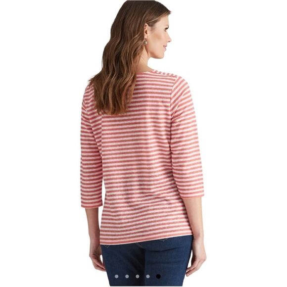 W. Lane Deep Orange White Stripe Linen 3/4 Sleeve Cowl Neck Shirt - Picture 5 of 13